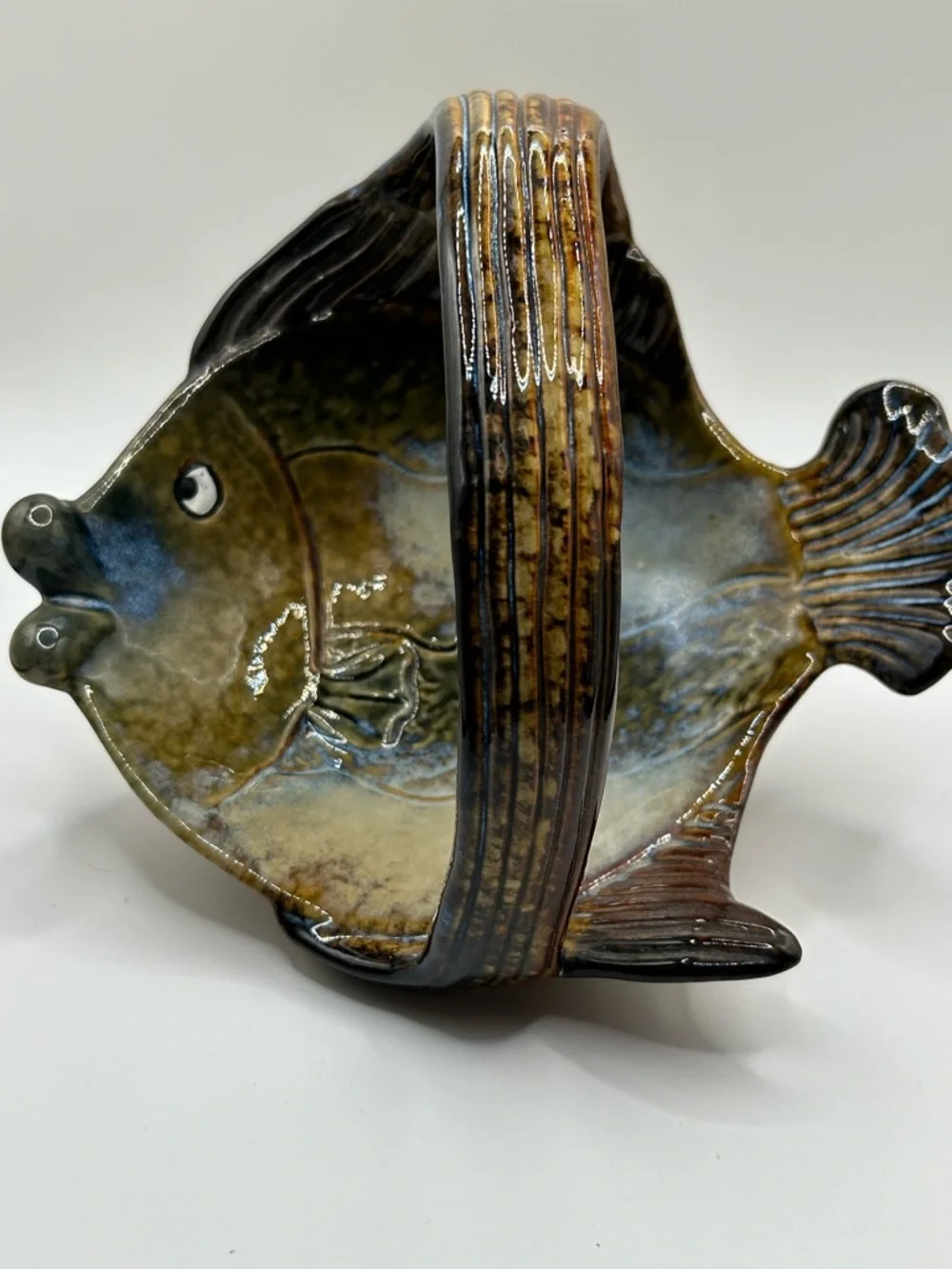 Vintage Handcrafted Ceramic Fish Bowl - Olive Green and Brown